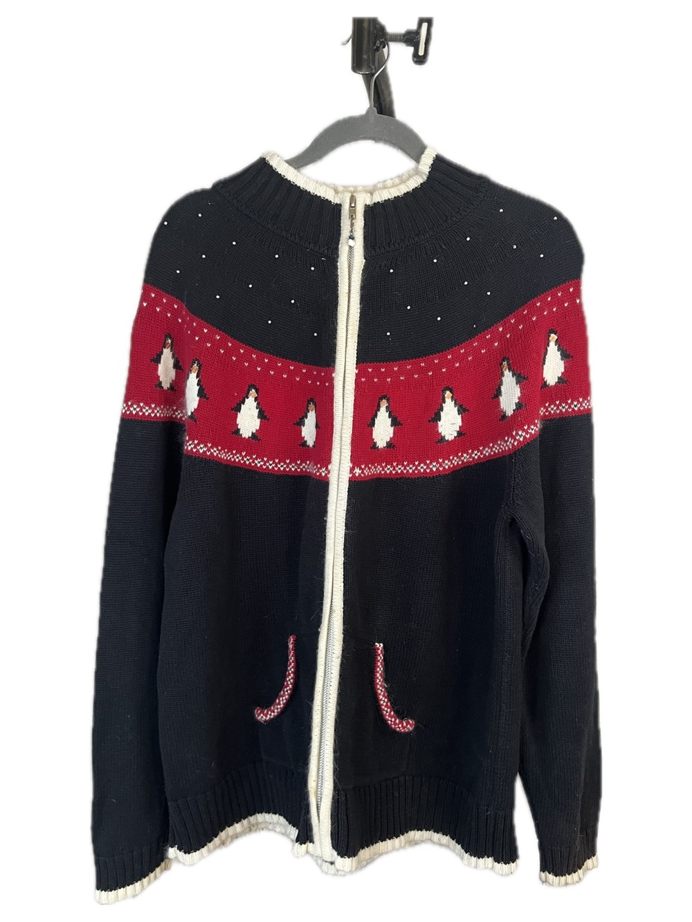 Quacker Factory Black & Red Penguin Zip-Front Women's Zip  Sweater